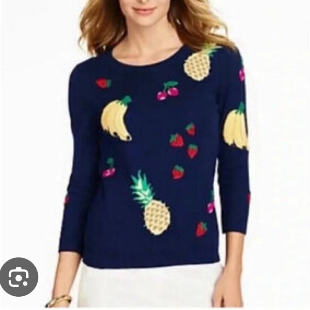 Talbots Women's Navy Blue Embroidered Fruit Knit Pullover Sweater Size Small - Picture 12 of 12